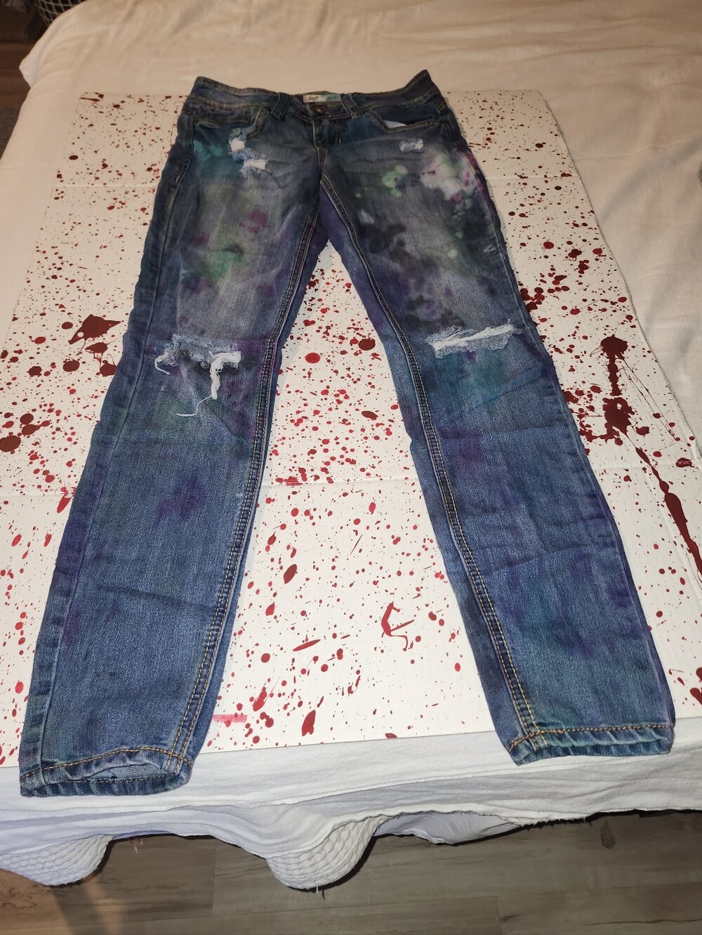 Dollhouse Blue Distressed Slim Straight Jeans with Purple & Green Paint Accents